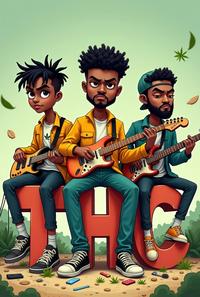 Three serious-looking marijuana musicians dressed in Amiri brand clothing in a cartoon sitting on letters that say THC with lying down clothes in the style of Natanael Cano, one dark-skinned and two light-skinned