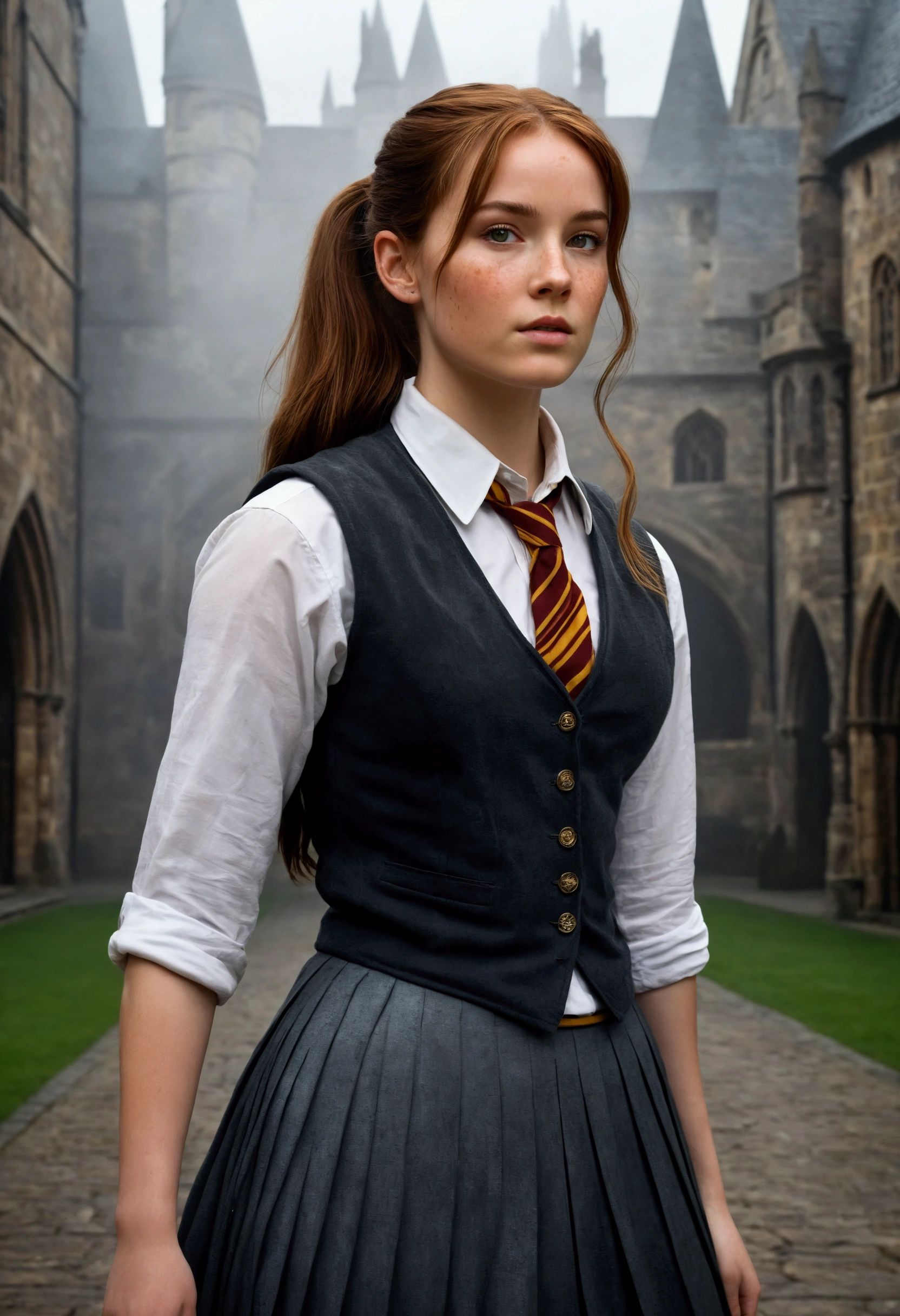 An illustrated movie poster, hand-drawn, full color, a female Hogwarts student, 18 years old, wearing a charcoal vest and a pleated skirt, tall, toned, amazonian stature, athletic hourglass figure, full wide hips, massive round butt, long shapely legs, ridiculously thick powerful thighs, deep dark auburn hair, messy ponytail, flushed sun-kissed complexion, freckles, resembles Genevieve O'Reilly, standing in a foggy Hogwarts courtyard, surrounded by mist, graphite shading, stencil marks, airbrushed acrylic paint, masterpiece, in the Deathly Hallows