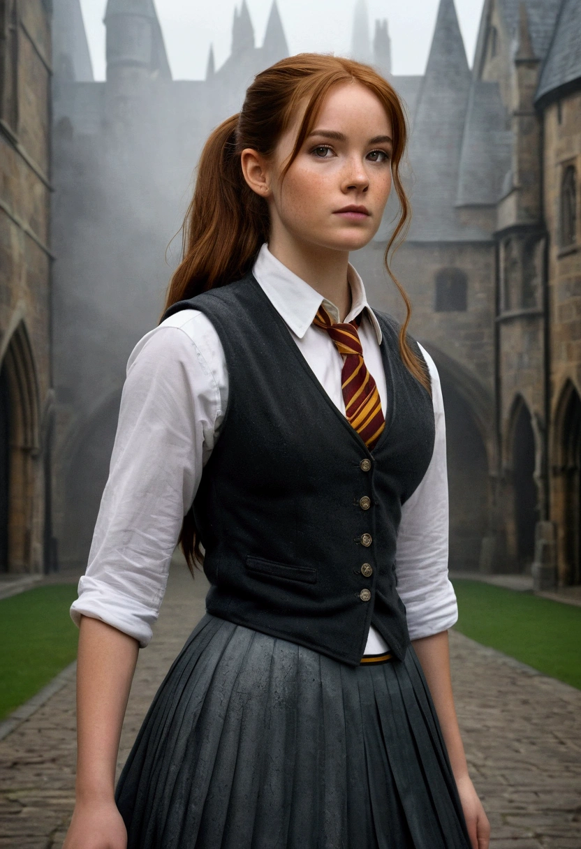 An illustrated movie poster, hand-drawn, full color, a female Hogwarts student, 18 years old, wearing a charcoal vest and a pleated skirt, tall, toned, amazonian stature, athletic hourglass figure, full wide hips, massive round butt, long shapely legs, ridiculously thick powerful thighs, deep dark auburn hair, messy ponytail, flushed sun-kissed complexion, freckles, resembles Genevieve O'Reilly, standing in a foggy Hogwarts courtyard, surrounded by mist, graphite shading, stencil marks, airbrushed acrylic paint, masterpiece, in the Deathly Hallows