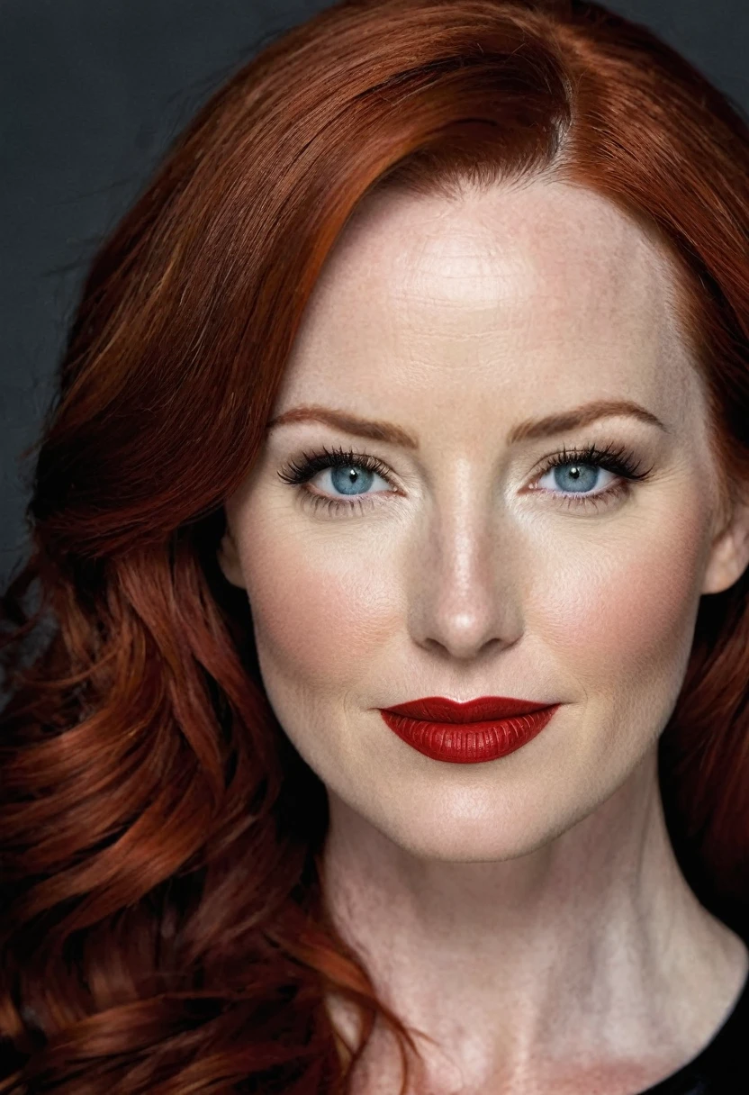 A waist-up portrait of a beautiful female whose face combines features of Alicia Witt + Bridget Regan. The female has lovely makeup on her face. The female wears red lipstick. Symmetrical eyes. Symmetrical face. Lovely details. Photorealistic. Full-colored photo. Professional photo. Highly detailed 8K.
