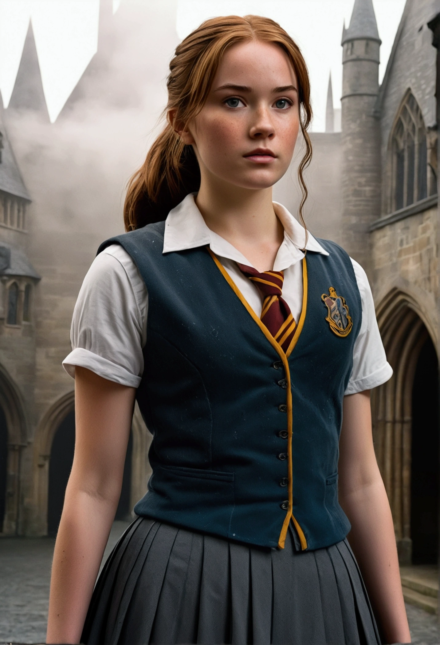An illustrated movie poster, hand-drawn, full color, a female Hogwarts student, 18 years old, wearing a charcoal vest and a pleated skirt, tall, toned, amazonian stature, athletic hourglass figure, full wide hips, massive round butt, long shapely legs, ridiculously thick powerful thighs, deep dark auburn hair, messy ponytail, flushed sun-kissed complexion, freckles, resembles Genevieve O'Reilly, standing in a foggy Hogwarts courtyard, surrounded by mist, graphite shading, stencil marks, airbrushed acrylic paint, masterpiece, in the Deathly Hallows