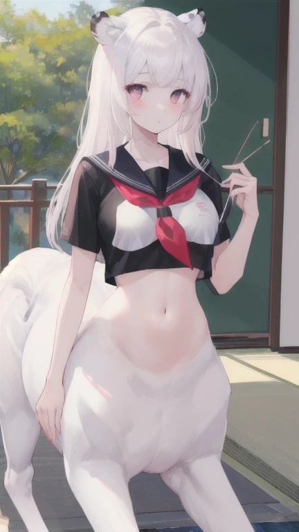 (best quality, masterpiece), 1 girl, centaur, I beg, White skin, Japanese schoolgirl,daughter,black pink, exposing the abdomen, belly button t-shirt , beautiful girl perfect, White tiger photo, 완벽한 White tiger photo