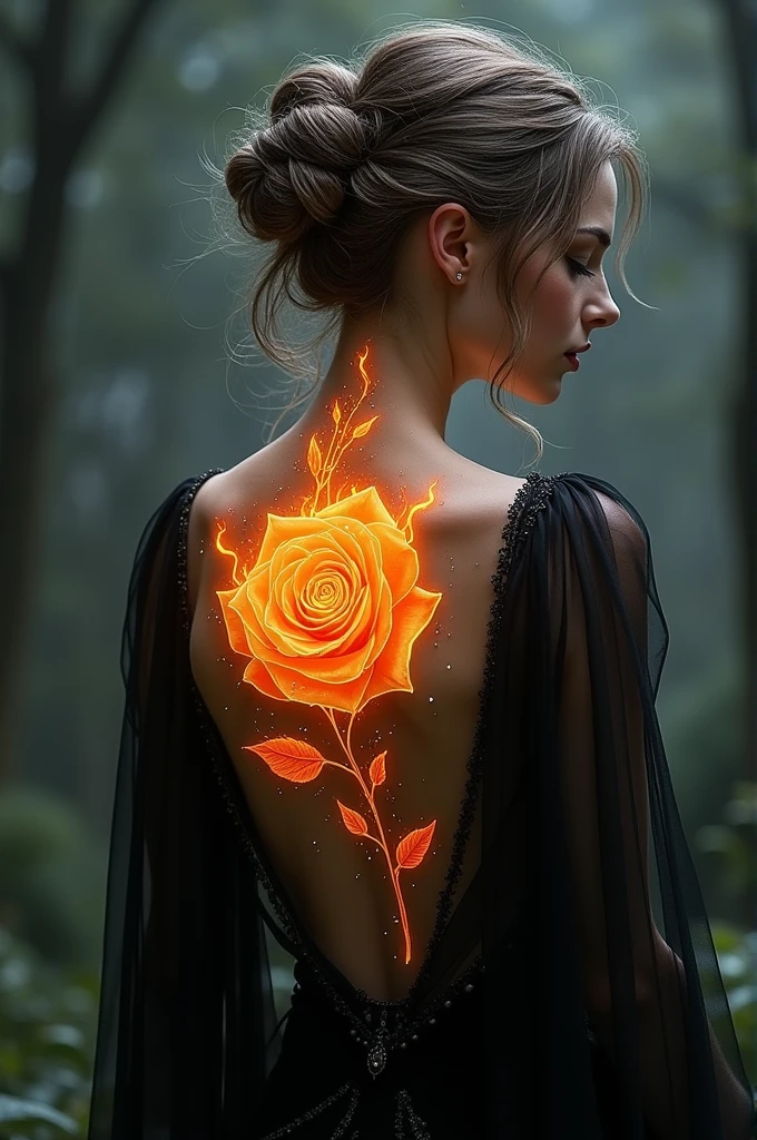 Arafed, Dark fantasy art, fantasy art, goth art, a picture of a tattoo on the back of a female elf, a glowing tattoo of a ((white rose: 1.3)) on the elf's back, the ((rose tattoo)) is vivid, intricate detailed coming to life from the ink to real life, ((fire surrounds the rose petals: 1.5)), shoot taken from the back, ((the back is visible: 1.3), she wears a transparent black dress, the dress is elegant, flowing, elven style, that the tattoos glow, dynamic hair color, dynamic hair style, faize,, Digital Painting