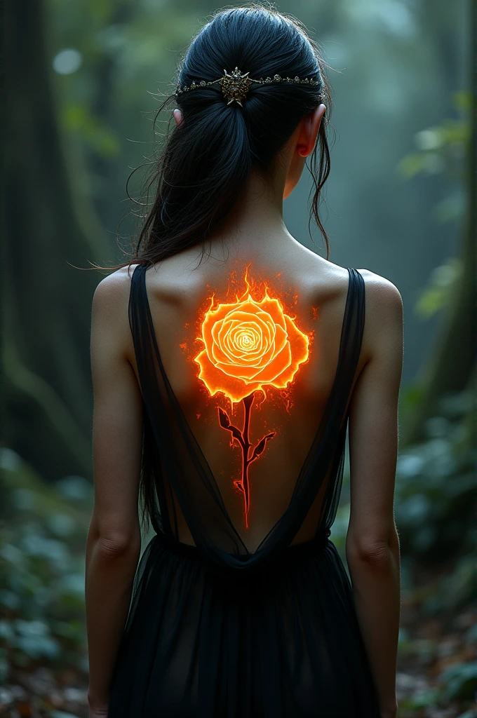 Arafed, Dark fantasy art, fantasy art, goth art, a picture of a tattoo on the back of a female elf, a glowing tattoo of a ((white rose: 1.3)) on the elf's back, the ((rose tattoo)) is vivid, intricate detailed coming to life from the ink to real life, ((fire surrounds the rose petals: 1.5)), shoot taken from the back, ((the back is visible: 1.3), she wears a transparent black dress, the dress is elegant, flowing, elven style, that the tattoos glow, dynamic hair color, dynamic hair style, faize,, Digital Painting