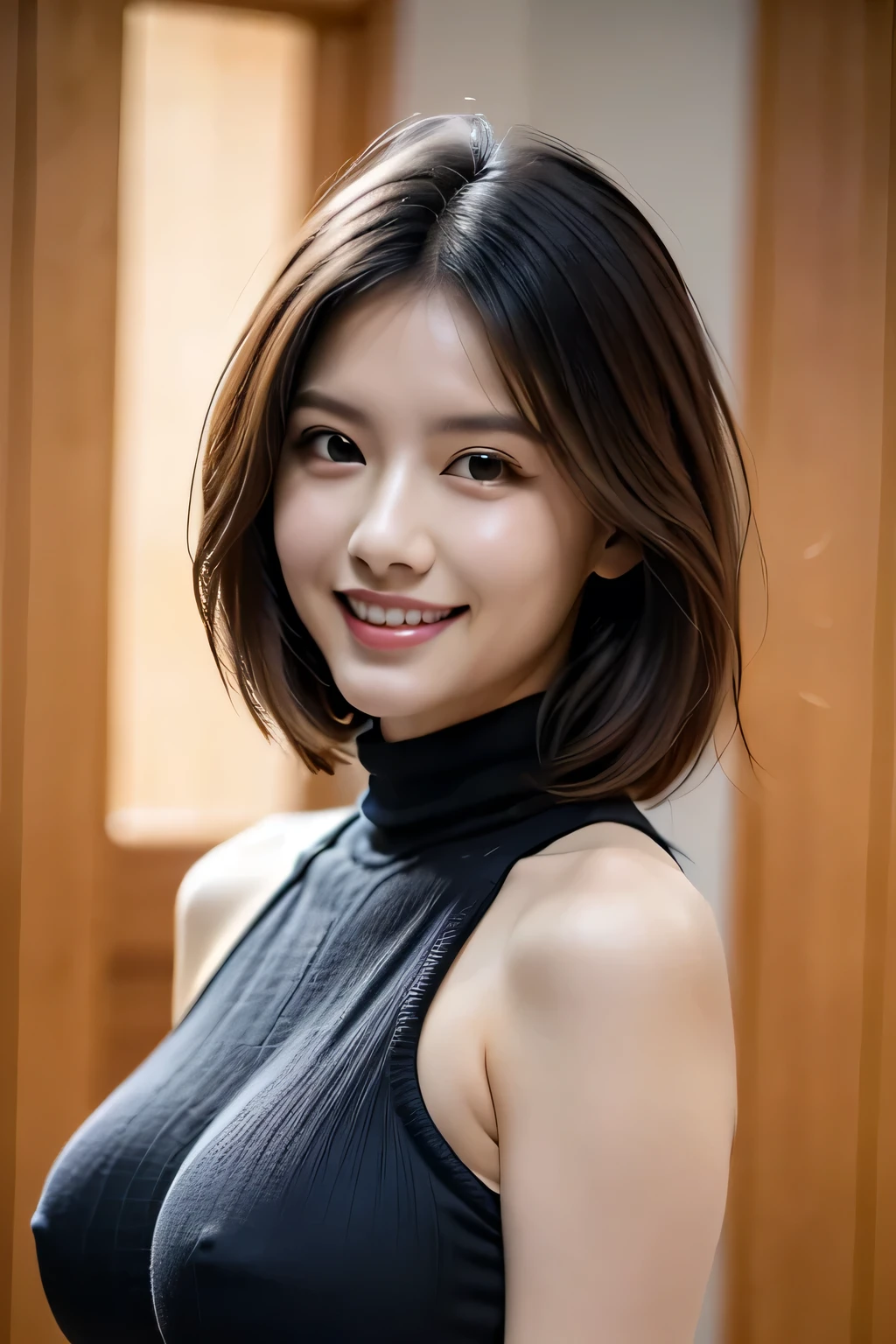 (UHigh resolution, retina, masterpiece, Accurate, Anatomically correct, Textured skin, Super Detail, Attention to detail, high quality, 最high quality, High resolution, 1080P, High resolution, 4K, 8k, 16K), (美しいAttention to detail目, Beautiful lip detail, Highly detailed eyes and face), Studio Lighting, Physically Based Rendering, Brightly colored boobs, Super big breasts, super extra big , Glamorous Body), (White turtleneck knit), (Portraiture, Bowl Cut, Shiny Hair, Glowing Skin), (Bokeh), (incline one's head to the side:1.5), Eye Reflexes, Jet Black Hair, Distinctive large, narrow eyes, Snow-like skin, Pink Lips, Rosy Cheeks, Large Breasts, A charming smile that captivates everyone who sees it, and the intelligent brain,