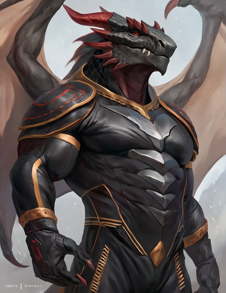 a ferocious male dragonborn, solo, muscular detailed body, masculine pose, black color body, red eyes, pants, armless bodysuit, comicbook style, best quality, 4k, ultra-detailed, by laobai, by taran fiddler, by honovy