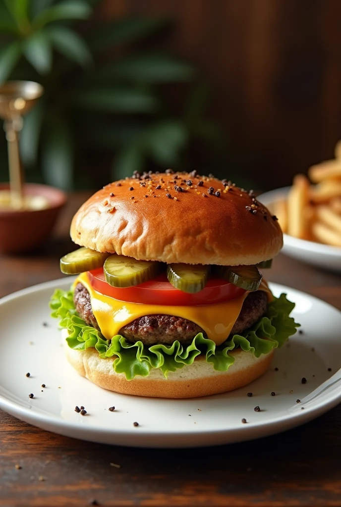 A delicious burger，There is a burger on the plate，table