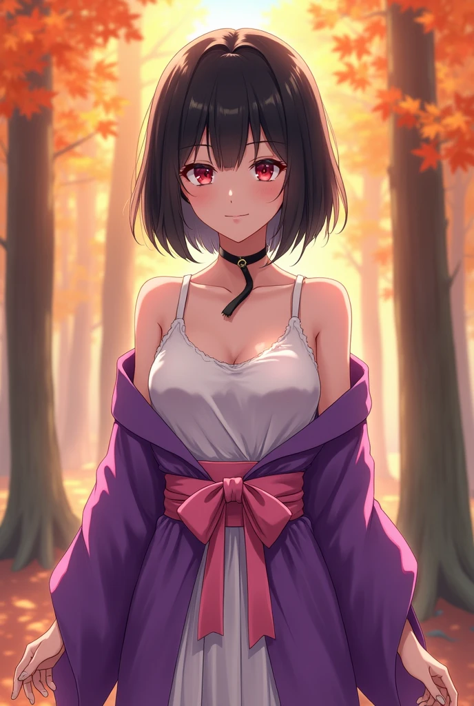 Anime girl,black hair,short hair,red eyes,purple kimono jacket outside,sleeveless top inside,white top,pink ribbon around waist,white shorts,pink laced shoes,black ribbon around neck,background is autumn