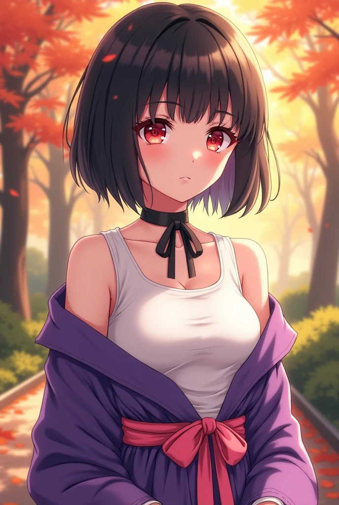 Anime girl,black hair,short hair,red eyes,purple kimono jacket outside,sleeveless top inside,white top,pink ribbon around waist,white shorts,pink laced shoes,black ribbon around neck,background is autumn