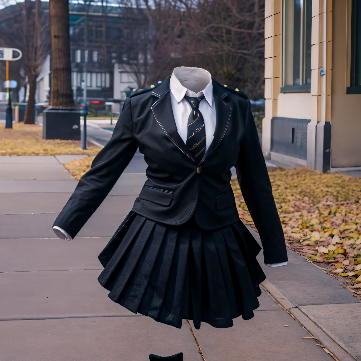 (invisible, no humans, headless, handless, faceless:1.5),cute big breasts, dynamic angle, kibito high school uniform, school uniform, sweater vest, white shirt, pleated skirt, striped necktie, collared shirt, black jacket, black skirt, long sleeves, school uniform, black socks, sarashina ruka, best quality, high resolution, (8k, RAW photo, best quality, masterpiece:1.2), (realistic, photo-realistic:1.37), photon mapping, radiosity, ((Hasselblad photography)), physically-based rendering