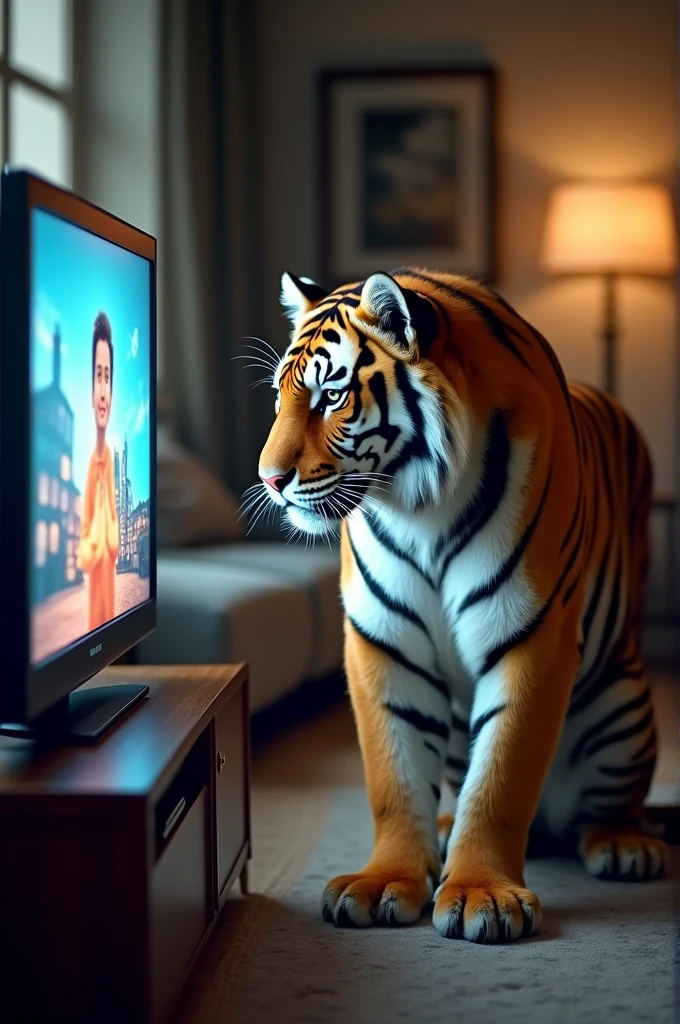 Tiger and he is watching TV