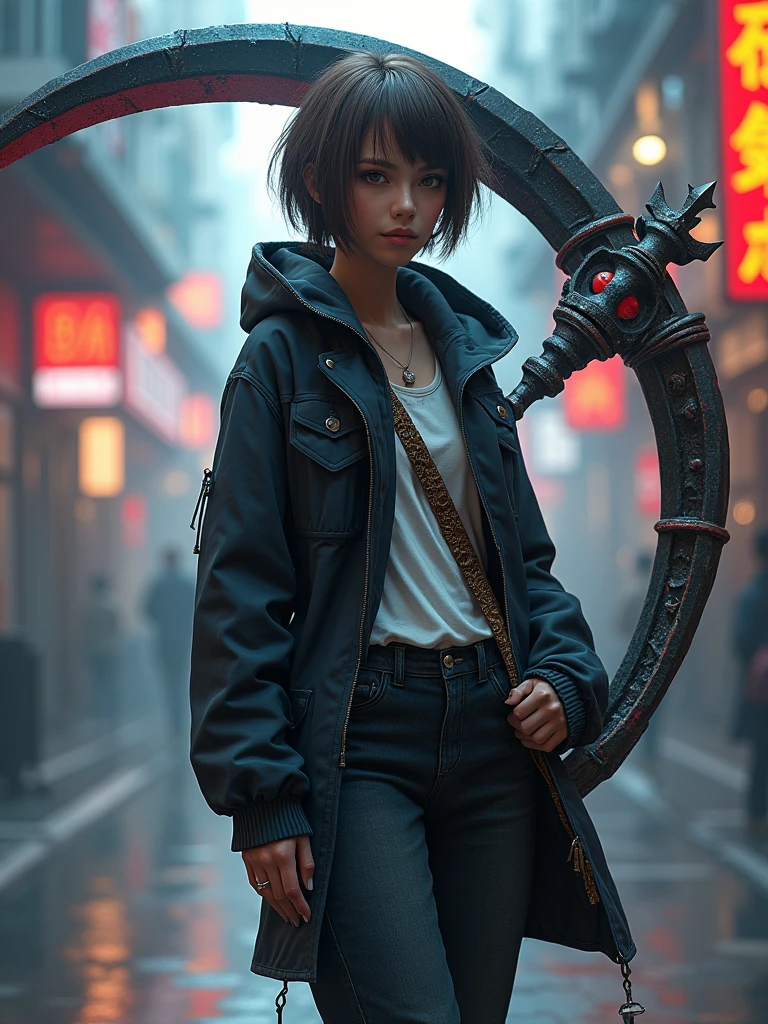 A reaper girl, 23 years old, carrying a scythe,brown short hair, 8k, highest quality, fantasy, vibrant colors, futuristic, brown skin, beautiful casual clothes,