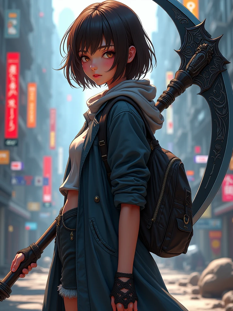 A reaper girl, 23 years old, carrying a scythe,brown short hair, 8k, highest quality, fantasy, vibrant colors, futuristic, brown skin, beautiful casual clothes,
