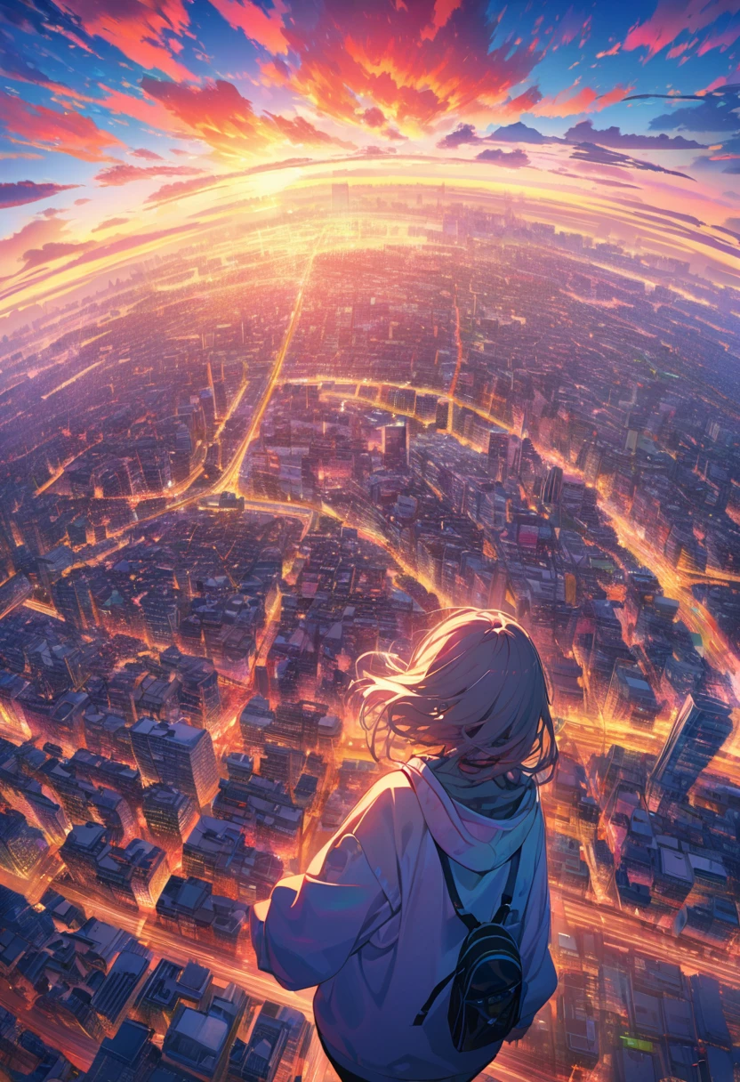 angelic, detailed woman who is walking, woman wearing hoodie, highest billding in city, road, sunrise, horizon, skyline, in the sky, city of clouds, colorful, high-res, 8K
