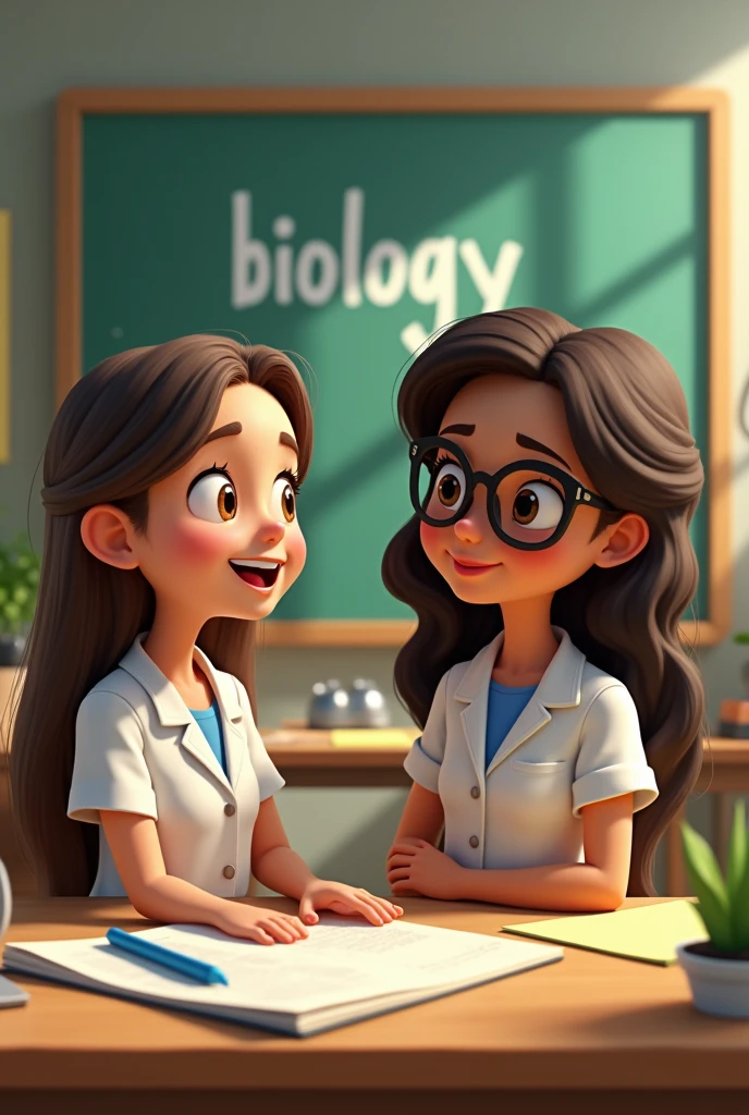Two elementary school teachers in biology class, the first teacher in a white coat and a moss green shirt with long batwing sleeves, and jeans pants, Her skin is white, her nose is turned up, her lips are pink, her lower lip is medium thick, and her upper lip is small., medium light brown eyes, bushy eyebrows and long straight hair and the other teacher had light brown skin with round dark brown eyes, lips shaped like a cupid's bow medium thick, round nose with a tip dressed in a white coat with a pale pink blouse and black jeans and the color of her hair is curly and long, dark brown with a smile and black glasses in the rim, and say biology , la imagen animada de Disney and say biology en letras de titulo