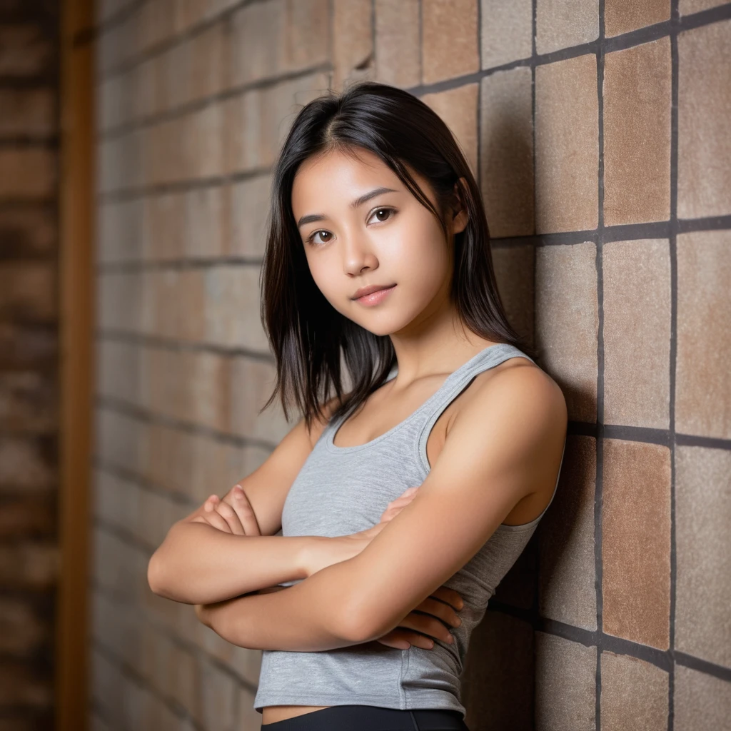 Yui, photo of female, age 15 year, black shoulder length hair with brown highlights; (dslr, ultra quality, film grain, Fujifilm XT3, crystal clear, 8K UHD, highly detailed glossy eyes, high detailed skin, skin pores); wear plain tank top, yoga pants, wall background, full body photo