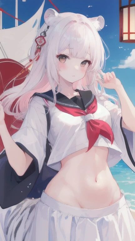 (best quality, masterpiece), 1 girl, centaur, I beg, White skin, Japanese schoolgirl,daughter,black pink, exposing the abdomen, belly button t-shirt , beautiful girl perfect, White tiger photo, 완벽한 White tiger photo