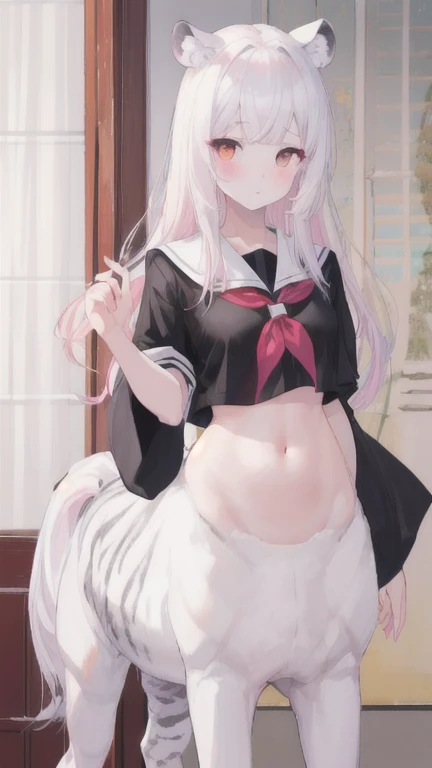(best quality, masterpiece), 1 girl, centaur, I beg, White skin, Japanese schoolgirl,daughter,black pink, exposing the abdomen, belly button t-shirt , beautiful girl perfect, White tiger photo, 완벽한 White tiger photo