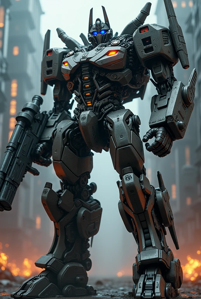 1 extremely detailed decepticon robot. Organic form , highly detailed cybernetic mech, intricate biomechanical machinery, industrial metallic textures, complex sci-fi design, striking pose, intense expression, glowing energy effects, dramatic cinematic lighting, epic dramatic composition, moody dark color palette, (best quality,4k,8k,highres,masterpiece:1.2),ultra-detailed,(realistic,photorealistic,photo-realistic:1.3. bazooka on hand. Police stripe