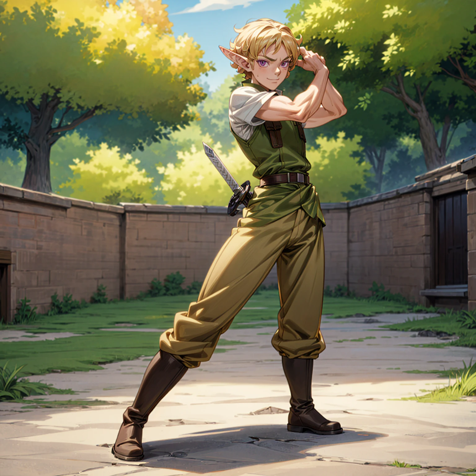 Solo character, full body version, young man, muscle, (elf), purple eyes, blonde color hair, Curly haircut, soldier clothing, brown long pants, boots, outdoor, town, detailed background, detailed clothing, detailed hair, muscle, standing gesture, (food wars style art, one piece style art), happy eyes, Sword in hand 