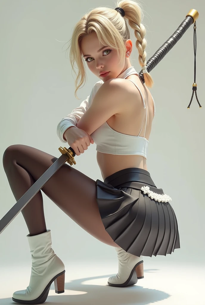 masterpiece, Best Quality, super rendering, super Realistic, High Detail Face, Clean and delicate face, whole body, Crouch and swing a long sword, grip the sword anatomically correctly, Single Braided blonde pony tail, parted bangs, forehead, wearing a camisole and pleated mini skirt, white high cut underwear, Sleeveless, black pantyhose, white short boots, glaring at the viewer, simple color background ,(photorealistic:1.5)