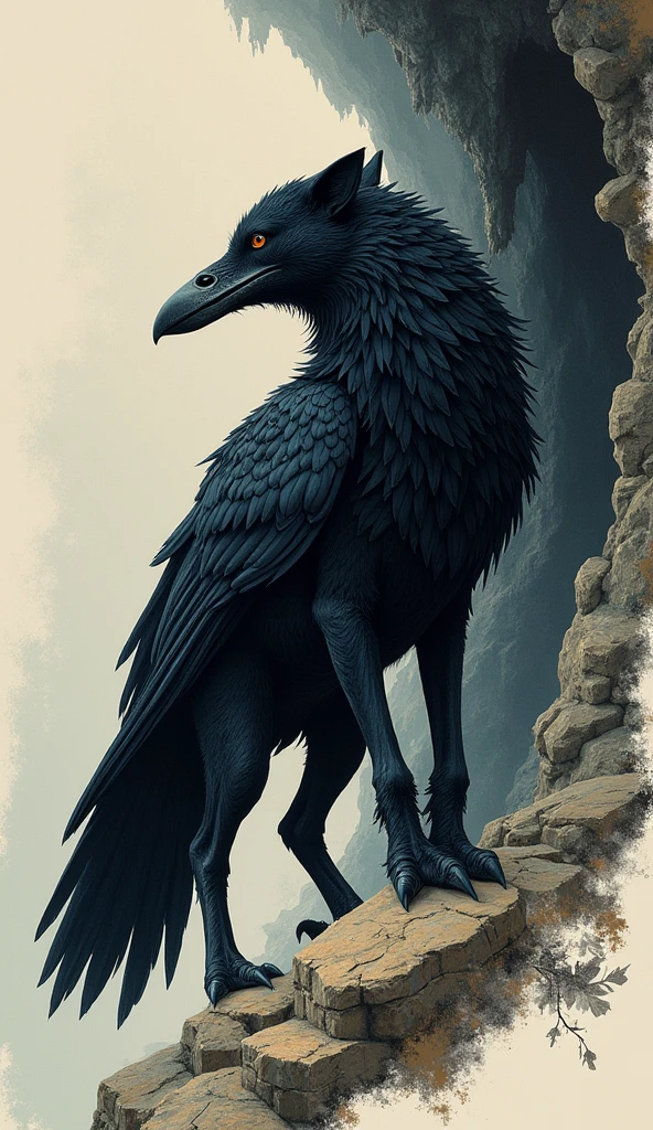 Brian Froud Style, oil, Chiaroscuro, Comic book style, Has the body and head of a wolf、A hybrid creature with the wings and tail of a crow, upon (Cold Press 300g/m² cottupon paper), dynamic, Very detailed, artstatiupon, cuponcept art, Smooth, Sharp focus, illustratiupon, Art by John William Waterhouse, details by Carl Larssupon, Detailed cave background, 60-30-10 Color Rules, warm tupones, light, Studio Lighting, White Background, pastel colour