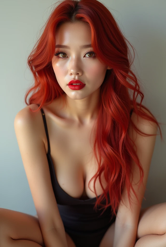 Busty Korean woman posing with her legs spread、Heavy makeup、Beautiful Face、Red hair　K-Pop Idols