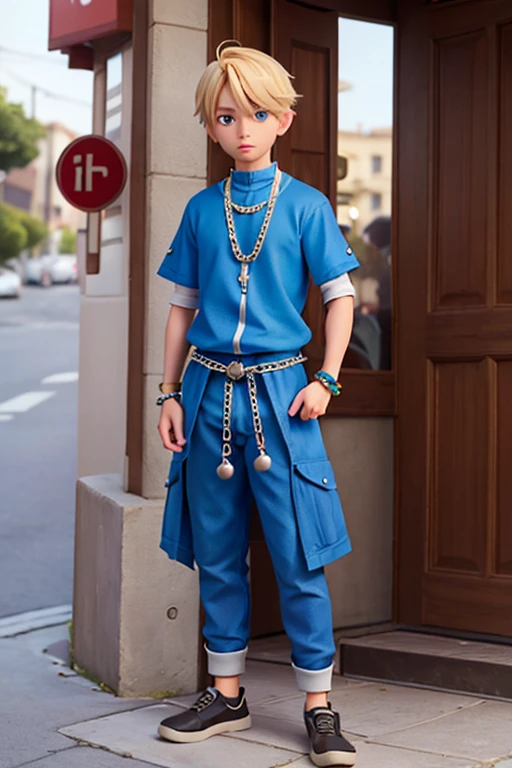 １８age、male、neutral、Blonde、Hair is shoulder length、Blue clothing、Wearing multiple chain rings、Chains around his arm、Smooth Hair、Strake Hair、