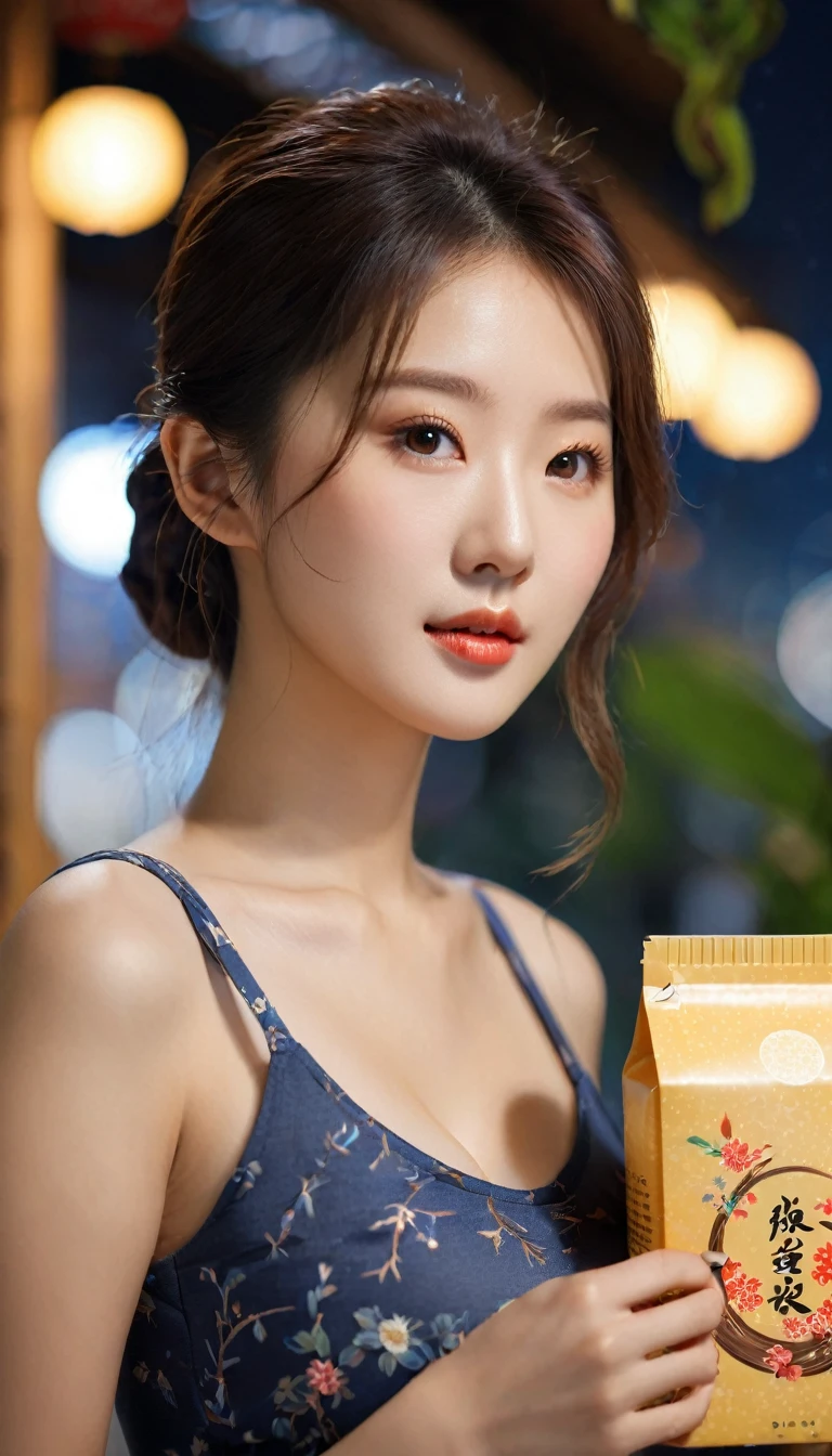 close-up of beautiful korean female, 34 inch breasts size, wearing fitting tank too, at the Liang Shan coffee shop Chinese style is background, holding tea box, with a natural expression, night, bokeh background , UHD