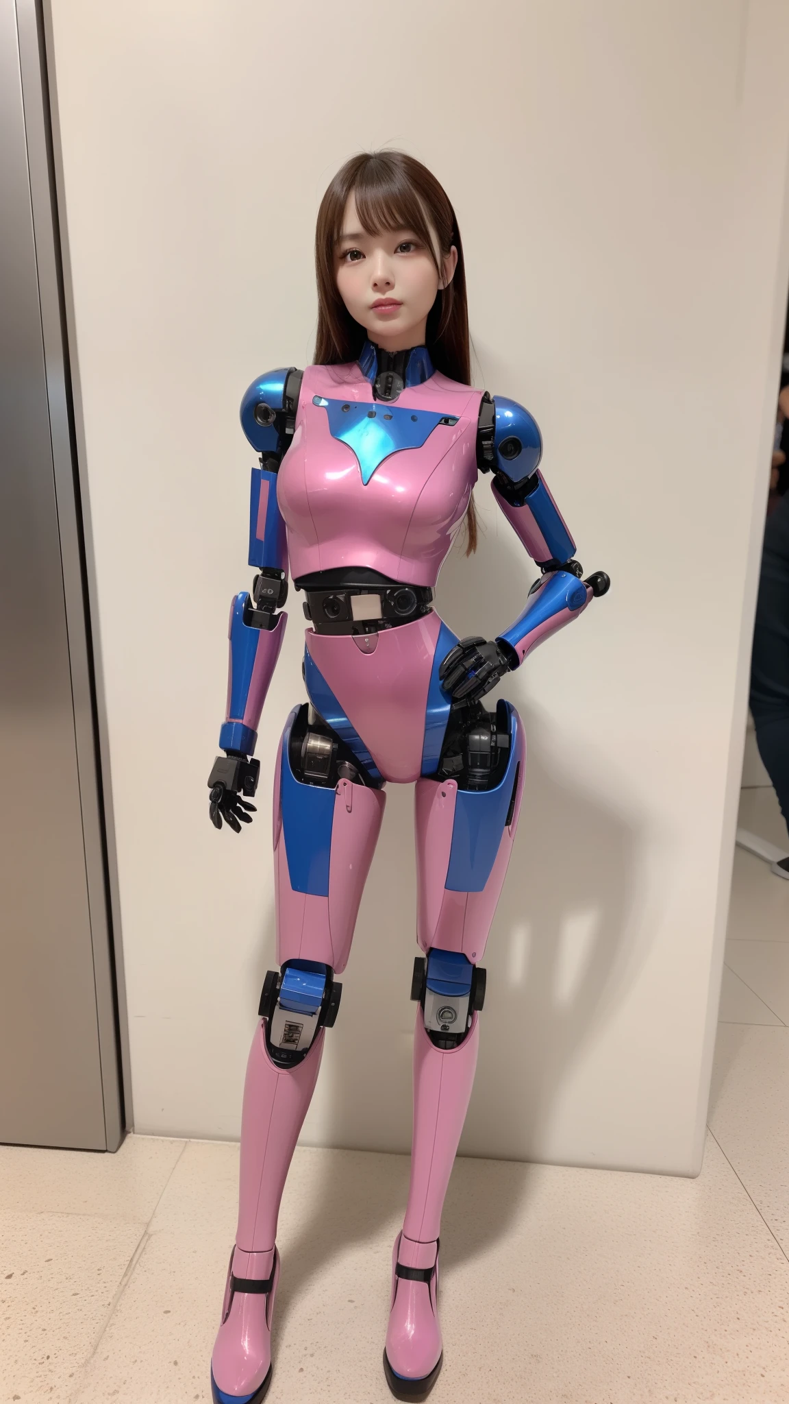 (Photorealsitic:1.4)、one robot woman、(top-quality)、(hyperdetailed face)、(Super well-formed face)、(Robot Parts)、(Female-Robot)、(25 years-old)、(Blue)、(pink there)、(Burgundy)、(metallic)、(full-body)、(sexy pose)、(Slender body)、(Model body type)、(full body mech)、(street of Akihabara)、(is looking at the camera)、(A brown-haired)、(Well-proportioned body)、(a small face)、(a small head)、(well-groomed fingers)、(Idol)、(front facing)、(Standing with legs open)、(Photo session)、(Looks sad)、(perfect-female-robot)、(perfect-mechanical-body)
