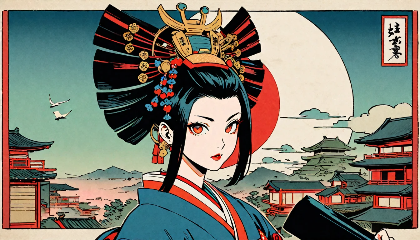 Ink Painting,male,(((The dawn moon is visible in the background))), (((Dressed as a samurai))), (((Holding a sword))), (((Oiran))), (((Great hair accessories))), Demonic Possession, (((Cherry colored eyes、Engraved on the inside))),Bring your face closer, The Beauty of Japan, Gray Hair, Sensitive and accurate, Modern ukiyo-e style, Highest quality, beautiful girl, Black Hair, Sensitive and accurate, Modern ukiyo-e style, Cyberpunk City
