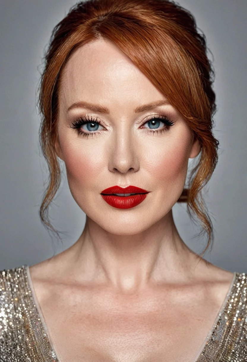 A waist-up portrait of a beautiful female whose face combines features of Alicia Witt + Kylie Minogue. The female has lovely makeup on her face. The female wears red lipstick. Symmetrical eyes. Symmetrical face. Lovely details. Photorealistic. Full-colored photo. Professional photo. Highly detailed 8K.