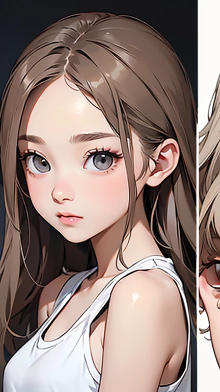 Highest quality、Realistic、zoom、Two people、Alongside、Girls and boys、twins、The same face、Same height、cute、Grey Eyes、Light brown hair、、White tank top、Shorts、thin、Gazing at each other、living、Bust Shot