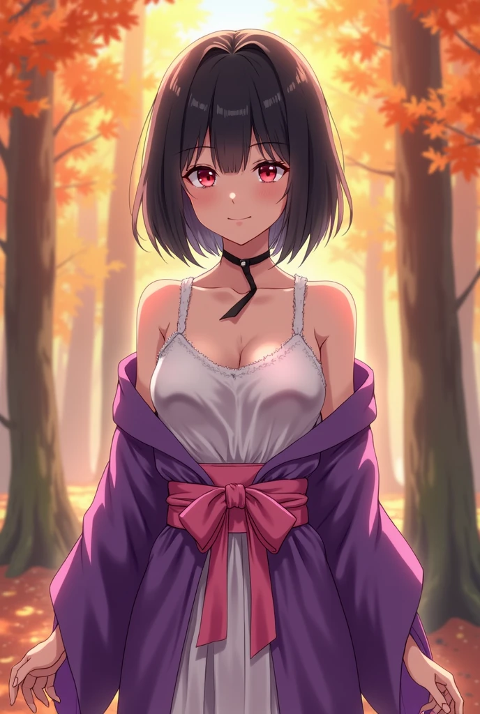 Anime girl,black hair,short hair,red eyes,purple kimono jacket outside,sleeveless top inside,white top,pink ribbon around waist,white shorts,pink laced shoes,black ribbon around neck,background is autumn