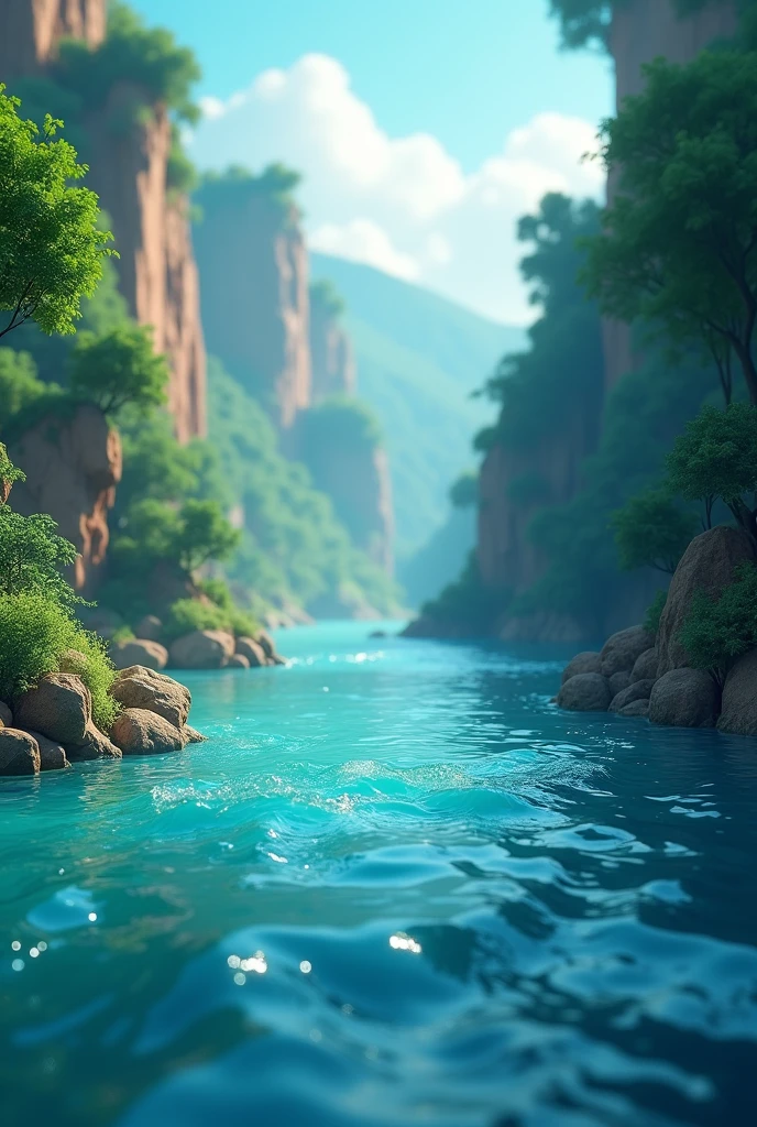 Generate 3,d animated cartoon style A clear view of the Yamuna River, with its waters rippling mysteriously as something stirs beneath the surface.