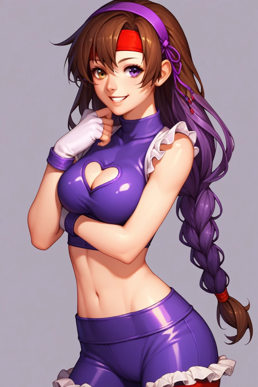 , score_8_up, score_7_up,score_6_up, score_5_up, score_4_up , 1girl, solo, ((Split hair)), ((brown hair)), ((purple hair)). heterochromia, brown eyes and purple eyes, yuri, dougi, spandex, headband, fingerless gloves, brown hair, brown eyes, single braid, AthenaAsa2003, purple hair, hairband, long hair, white gloves, midriff, cleavage cutout, heart cutout, frilled skirt, happy, cowboy shot, simple background