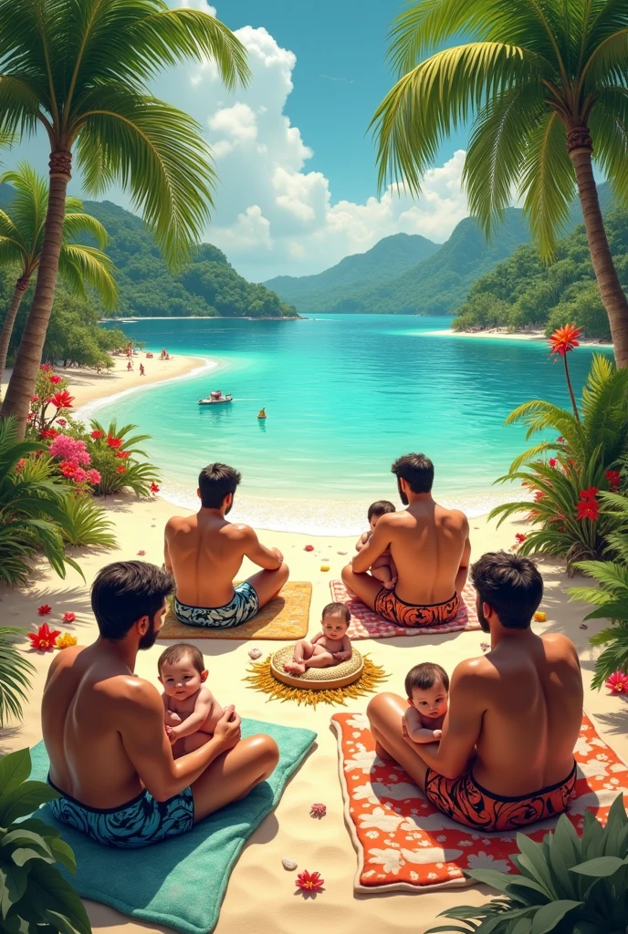 a paradise island full of men and their bathing suit babies
