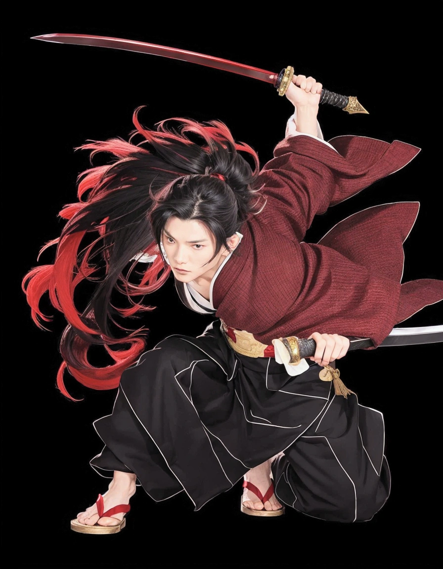 Swordsman in action stance, long black hair with red ends, red mark around left eye, red kimono black bottoms