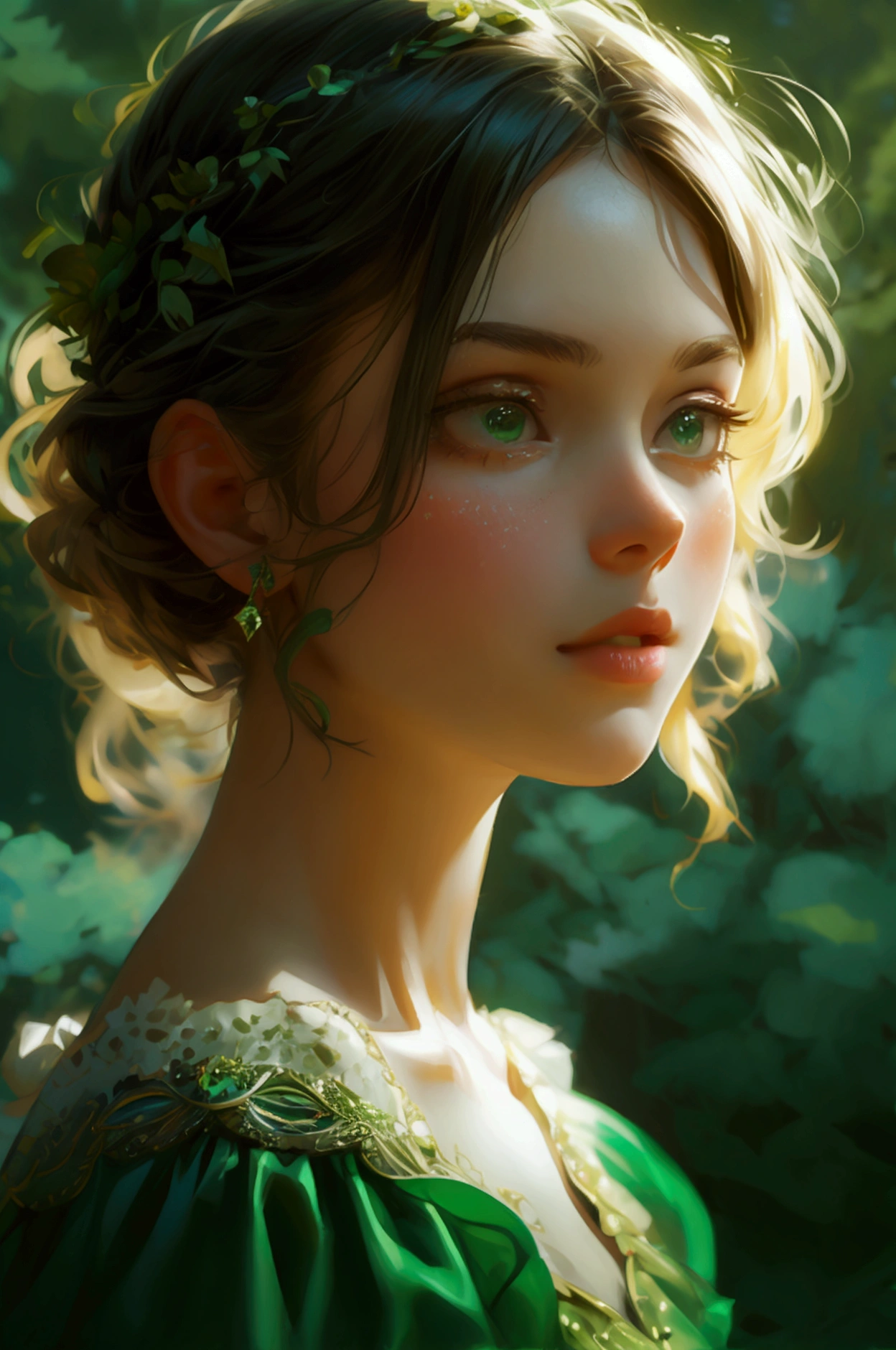 A girl is speaking and speking in green dress color, full character looking