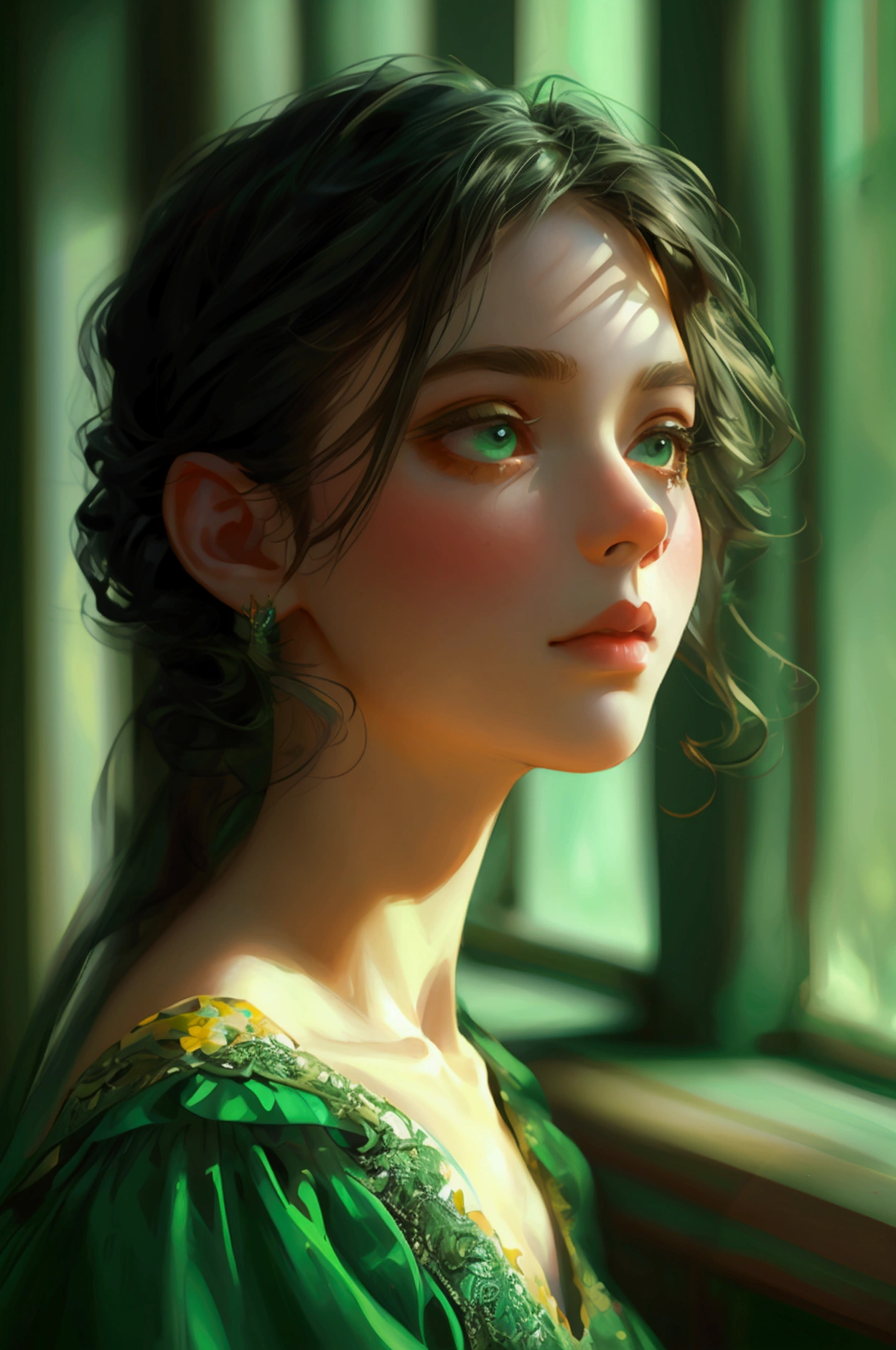A girl is speaking and speking in green dress color, full character looking 