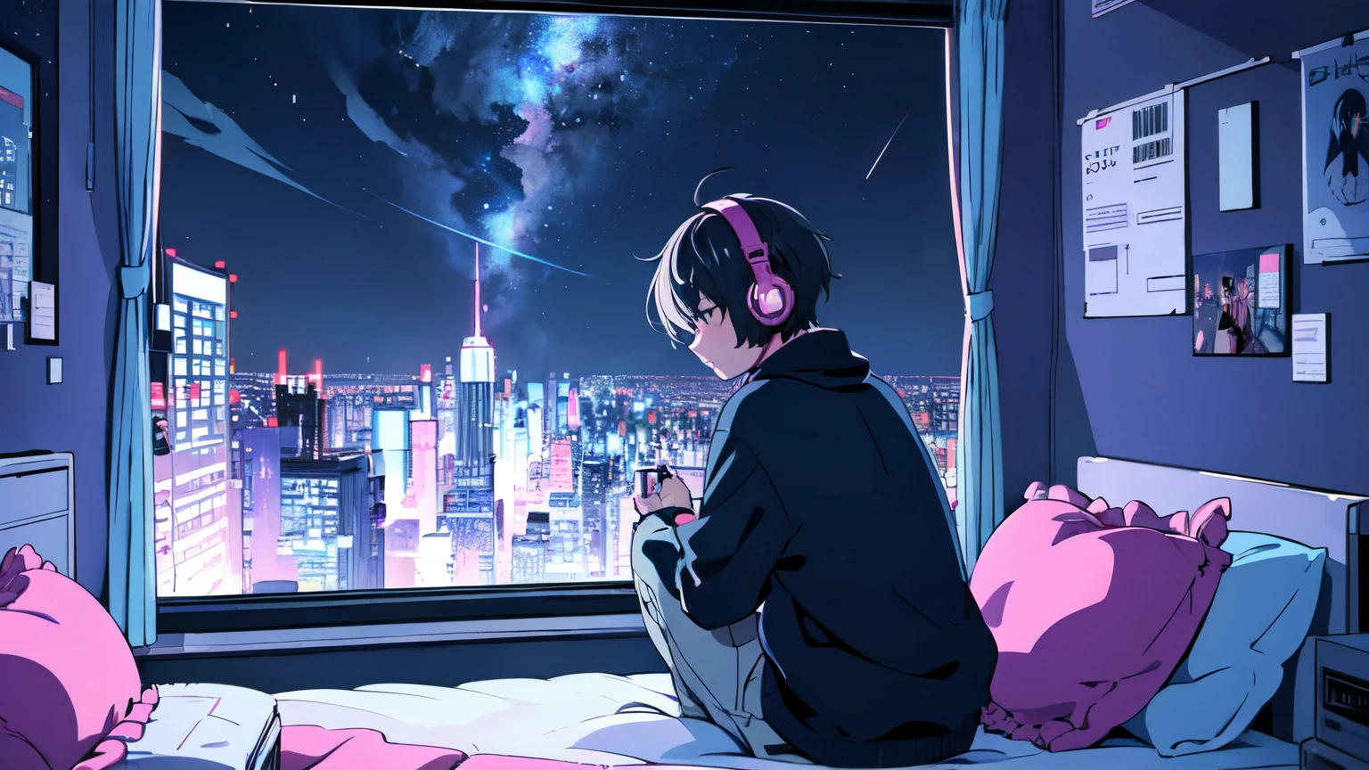 Ultra wide angle, (from behind), Boy listening to music with headphones on in bed, anime boy, Boy listening to music in a cozy room (night), Use headphones, on the roof, (beautiful night views from windows), many things, 2D anime style, The aesthetics of 90s animation, lo-fi, very detailed, hard disk, A mix of anime style and Fujifilm, surreal, 8k, masterpiece,man,producer 