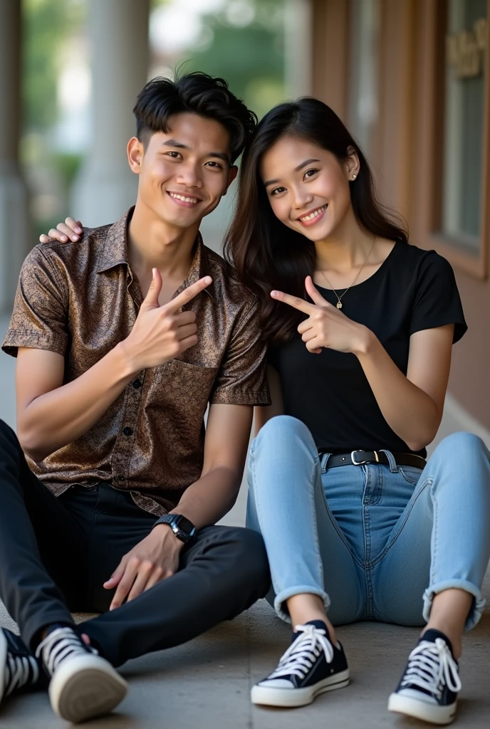Photography of a 70 kg man aged 25 years old, typical Indonesian, with thin hair, wearing a shiny batik shirt, sitting with a slightly fat woman aged 25 years old, typical Indonesian, wearing a cool t-shirt, pants, shoes, sitting together with a 2-finger pose, European background