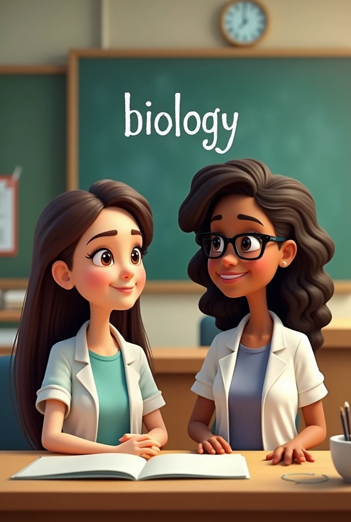 Two elementary school teachers in biology class, the first teacher in a white coat and a moss green shirt with long batwing sleeves, and jeans pants, Her skin is white, her nose is turned up, her lips are pink, her lower lip is medium thick, and her upper lip is small., medium light brown eyes, bushy eyebrows and long straight hair and the other teacher had light brown skin with round dark brown eyes, lips shaped like a cupid's bow medium thick, round nose with a tip dressed in a white coat with a pale pink blouse and black jeans and the color of her hair is curly and long, dark brown with a smile and black glasses in the rim, and say biology , la imagen animada de Disney and say biology en letras de titulo