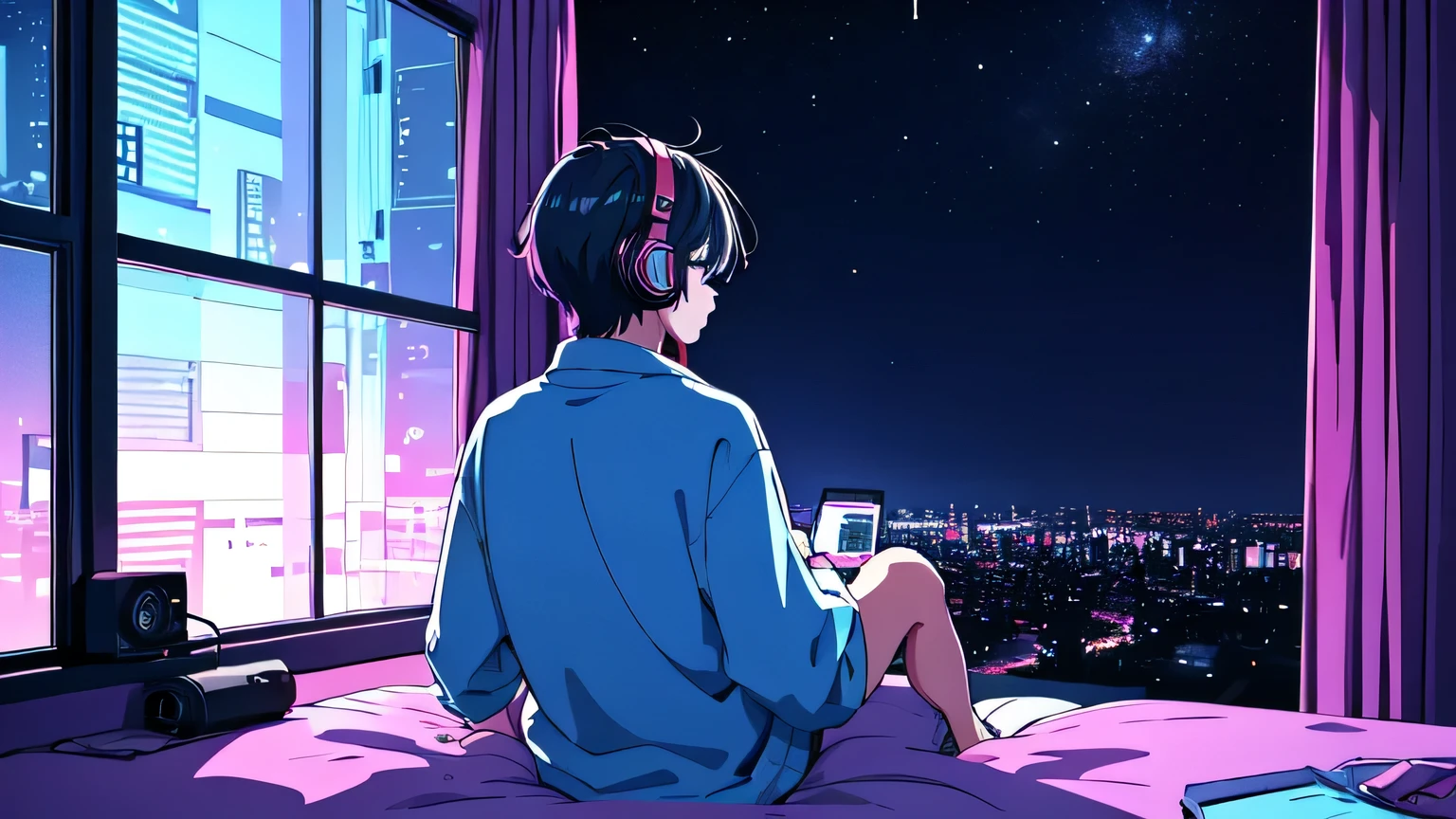 Ultra wide angle, (from behind), Boy listening to music with headphones on in bed, anime boy, Boy listening to music in a cozy room (night), Use headphones, on the roof, (beautiful night views from windows), many things, 2D anime style, The aesthetics of 90s animation, lo-fi, very detailed, hard disk, A mix of anime style and Fujifilm, surreal, 8k, masterpiece,man,producer