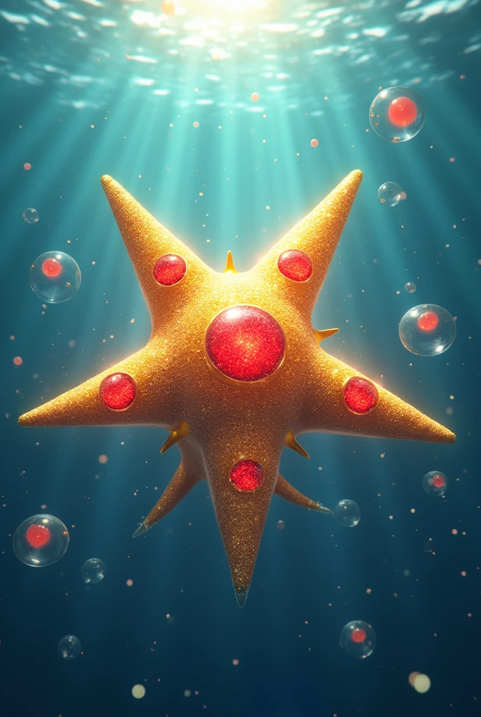 staryu realistic glitter gold shimmer with bright red ruby underwater blue attacks