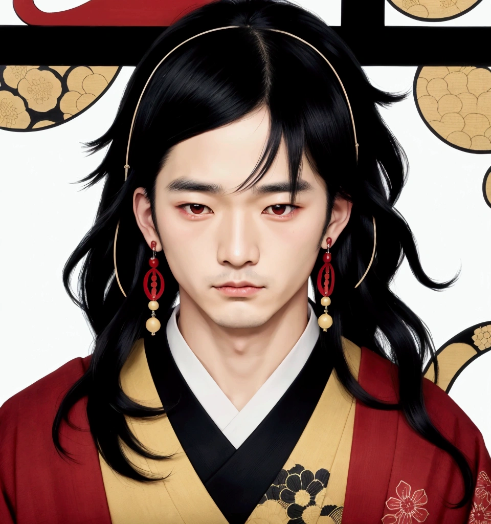 Man with long black hair, no facial hair, wearing traditional Japanese clothing, red mark around his left eye, long hanafuda earrings, somber facial expression