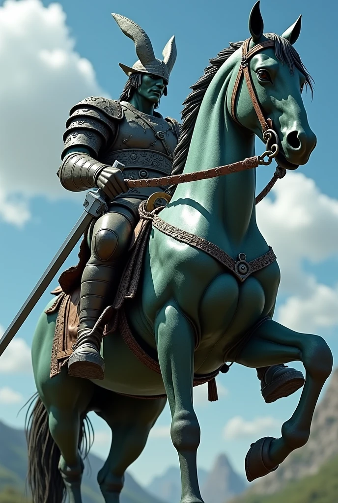 Arafe statue of a man riding a horse with a sword, Ganondorf, Close-up shot, By Kentaro Miura, yasuke 5 0 0 px Model, Yoshitaka Amano Photorealistic, Portrait Shot, Heavy vignette!, detailed!!, masamune shiro, Written by Kano Tan'yū, detailed Portrait Shot, Anime Figures