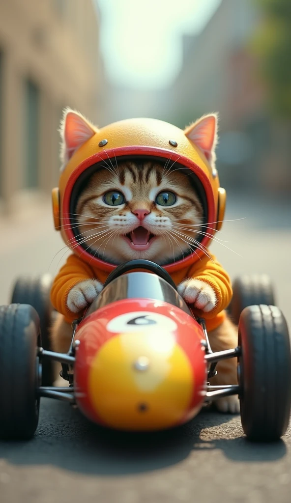 A photorealistic, 64K, image of a cute, fat cat riding a small formula car that is perfectly suited to its size. The cat is dressed in a colorful outfit, enhancing its adorable appearance. On its head, it wears a helmet made from a melon shell, fitting snugly and adding a whimsical touch. The cat’s expression is one of pure joy and excitement, capturing the playful and delightful nature of the scene