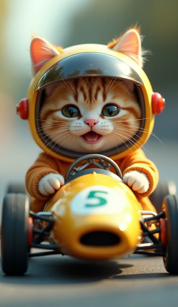 A photorealistic, 64K, image of a cute, fat cat riding a small formula car that is perfectly suited to its size. The cat is dressed in a colorful outfit, enhancing its adorable appearance. On its head, it wears a helmet made from a melon shell, fitting snugly and adding a whimsical touch. The cat’s expression is one of pure joy and excitement, capturing the playful and delightful nature of the scene
