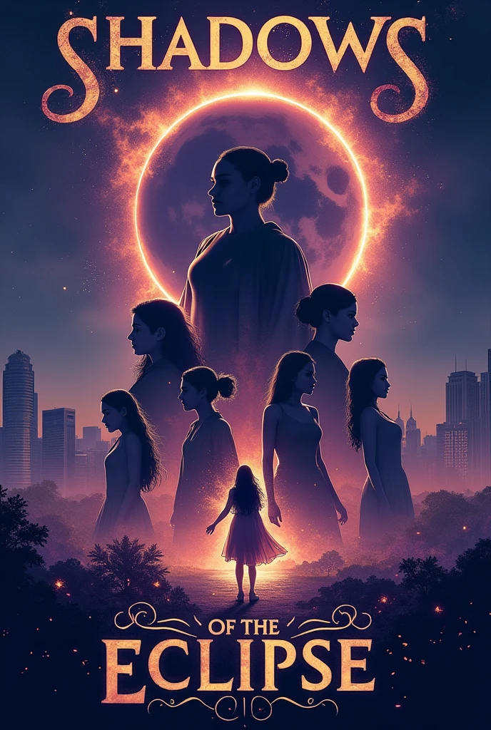 Create a book cover for "Shadows of the Eclipse" featuring a modern Mumbai skyline fading into a mystical, shadowy space. In the foreground:
- Aarohi Mehta (The Empath) with a soft, ethereal glow around her, positioned center-left.
- Sana Kapoor (The Shadow Walker) in a stealthy pose, blending into the shadows, center-right.
- Diya Sharma (The Pyrokinetic) at the bottom-center, surrounded by swirling flames and embers.
- Riya Desai (The Time Weaver) at the top-center, manipulating time-related symbols or a clock.
- Meera Iyer (The Telepath) at the bottom-left, connected to the other characters with digital or telepathic lines.
Include a dramatic eclipse partially obscuring the sun, with a bold, modern serif font for the title at the top or bottom. Use deep purple, black, and hints of silver or gold for the colors.